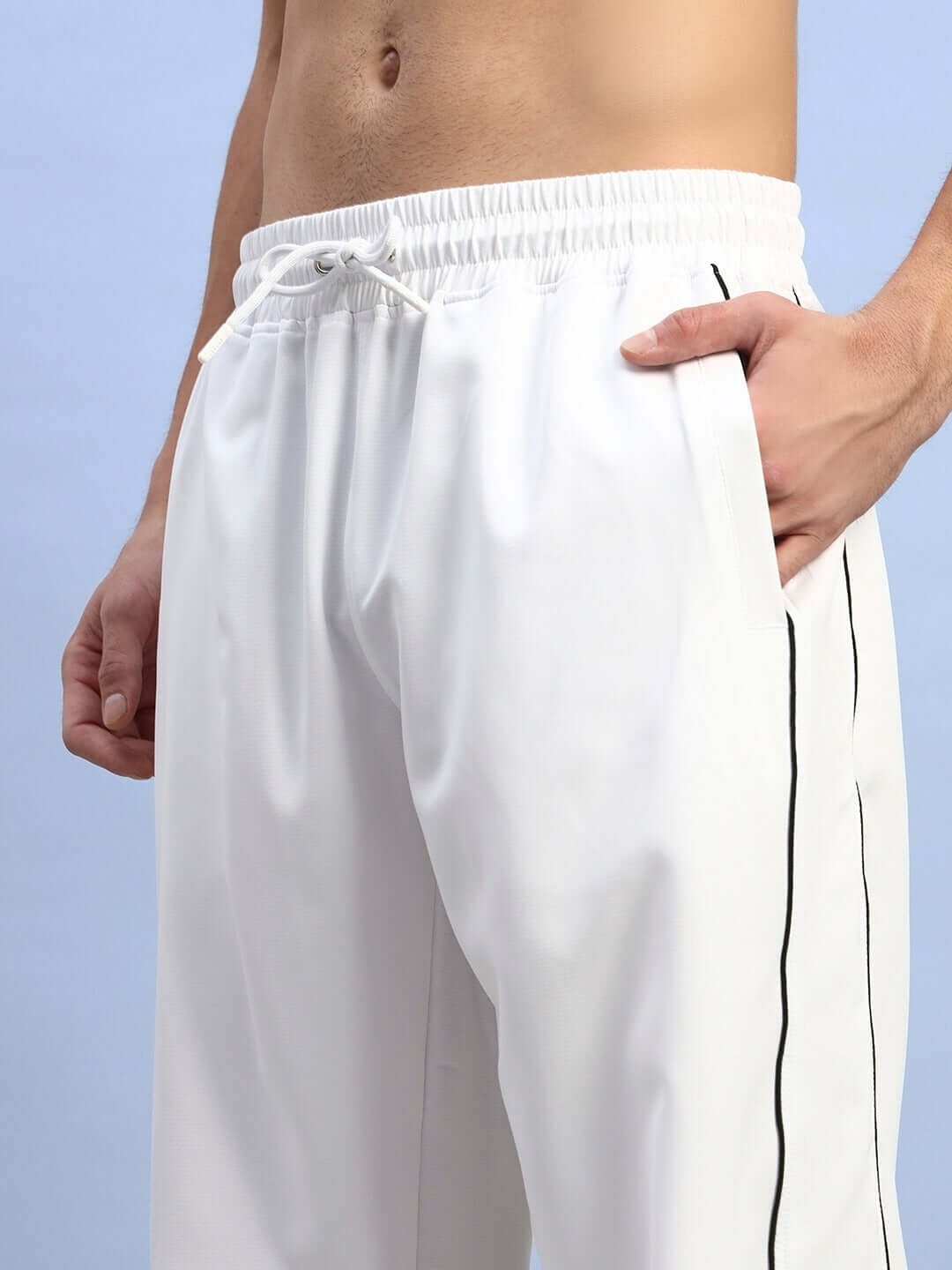 RELIGHT Relaxed-Fit Joggers in White with customizable size options; shown with a side pocket and drawstring waist.