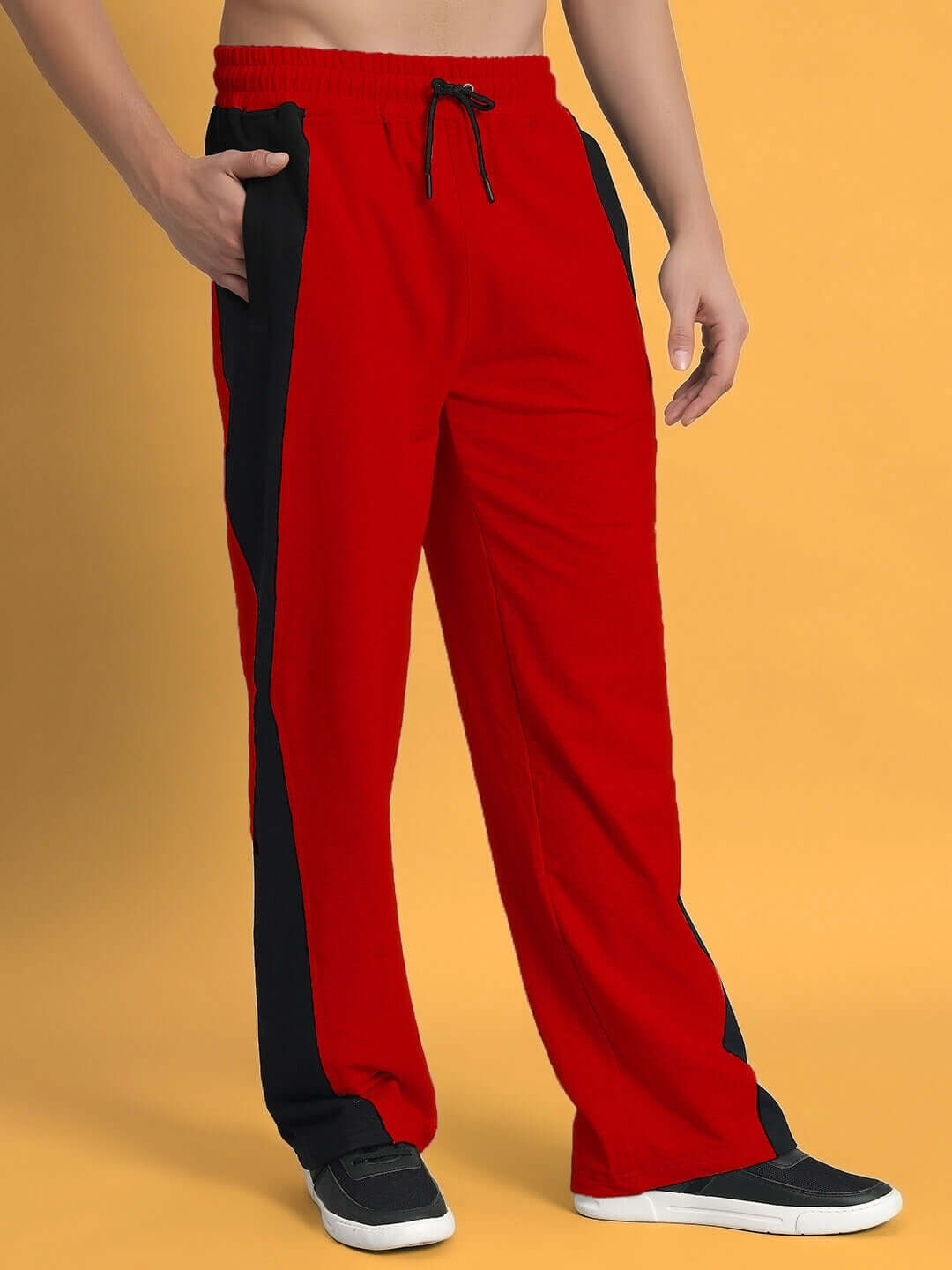 Revive side contrast joggers in red and black, showcased for their customizable fit and durable design by DUDS.