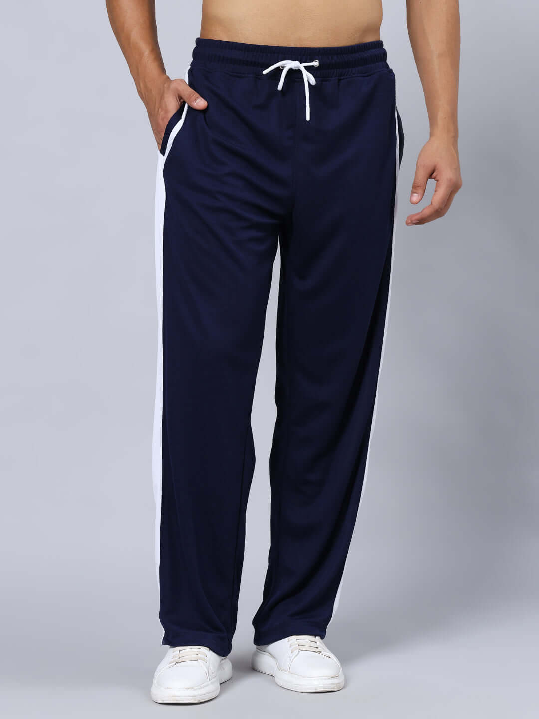 RICH PRIME SIDE STRIPE JOGGERS NAVY BLUE with white side stripe, elastic waistband, custom fit option available for prepaid orders