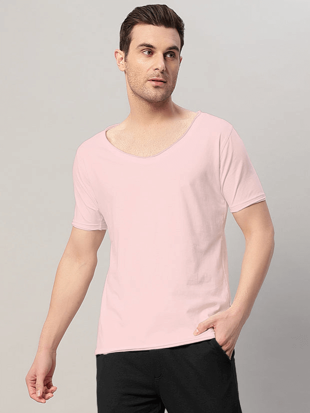 Man wearing Ricky Regular Fit T-Shirt in Baby Pink, crafted from heavy gauge 100% cotton fabric, highlighting comfort and style.