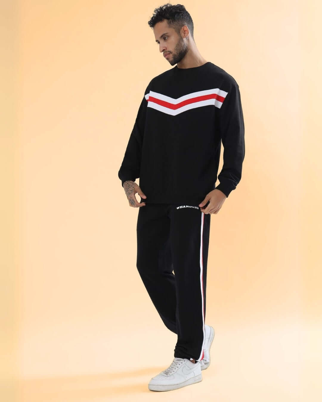 RIGHTMAN oversized co-ord set with red and white contrast panel, unisex relaxed fit joggers, premium cotton outfit.