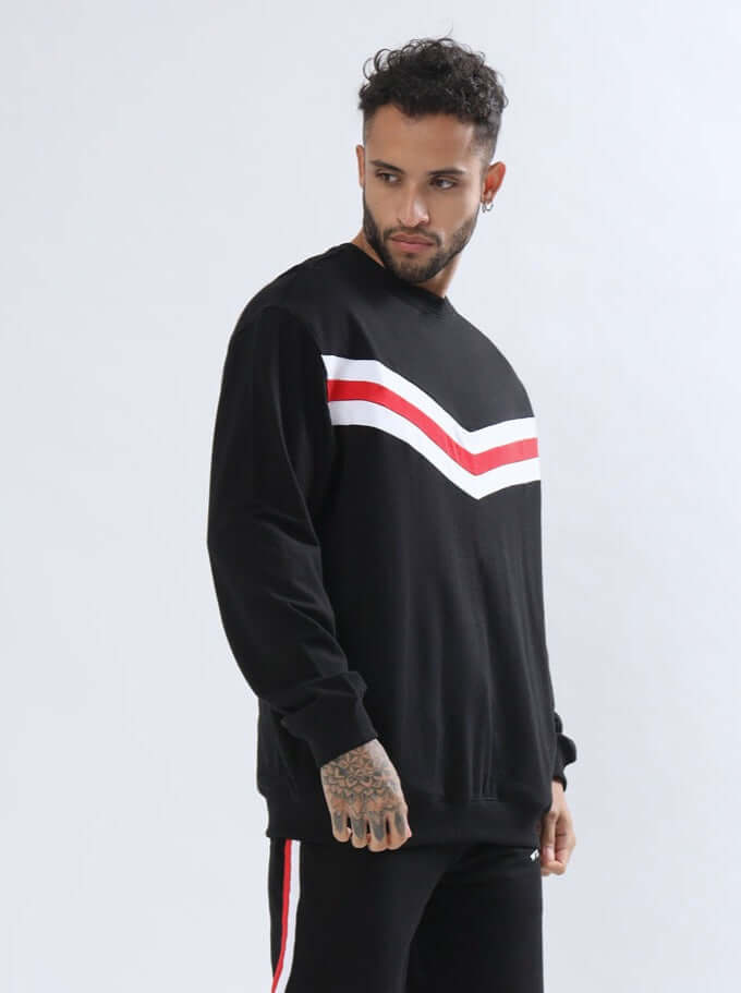 RIGHTMAN oversized sweatshirt, premium cotton French Terry, black with white and red stripes, model wearing, bio-washed, made in India