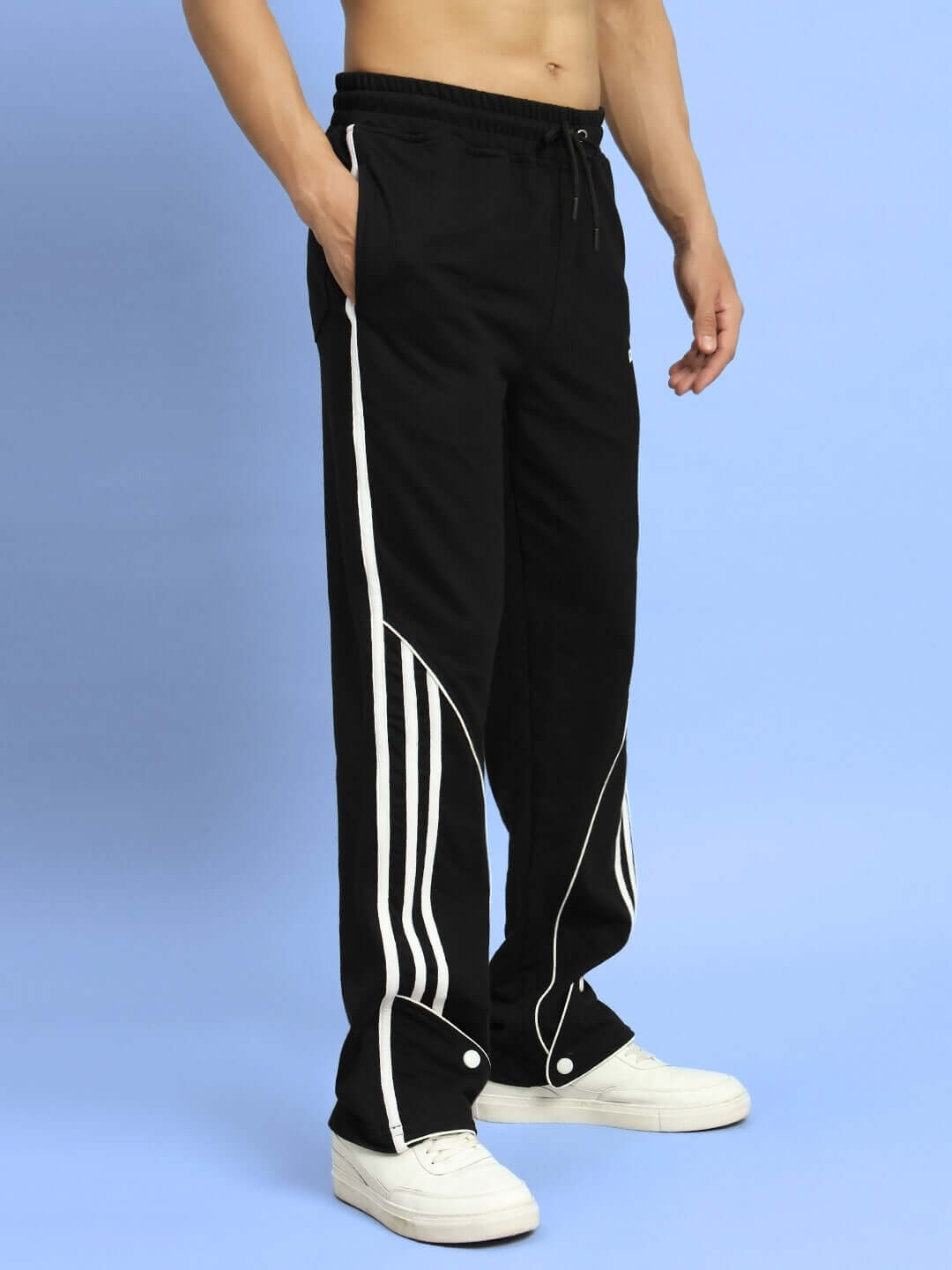 Black Ripple Contrast Joggers by DUDS with white stripe detail, customizable size options, made to order by experienced tailors.