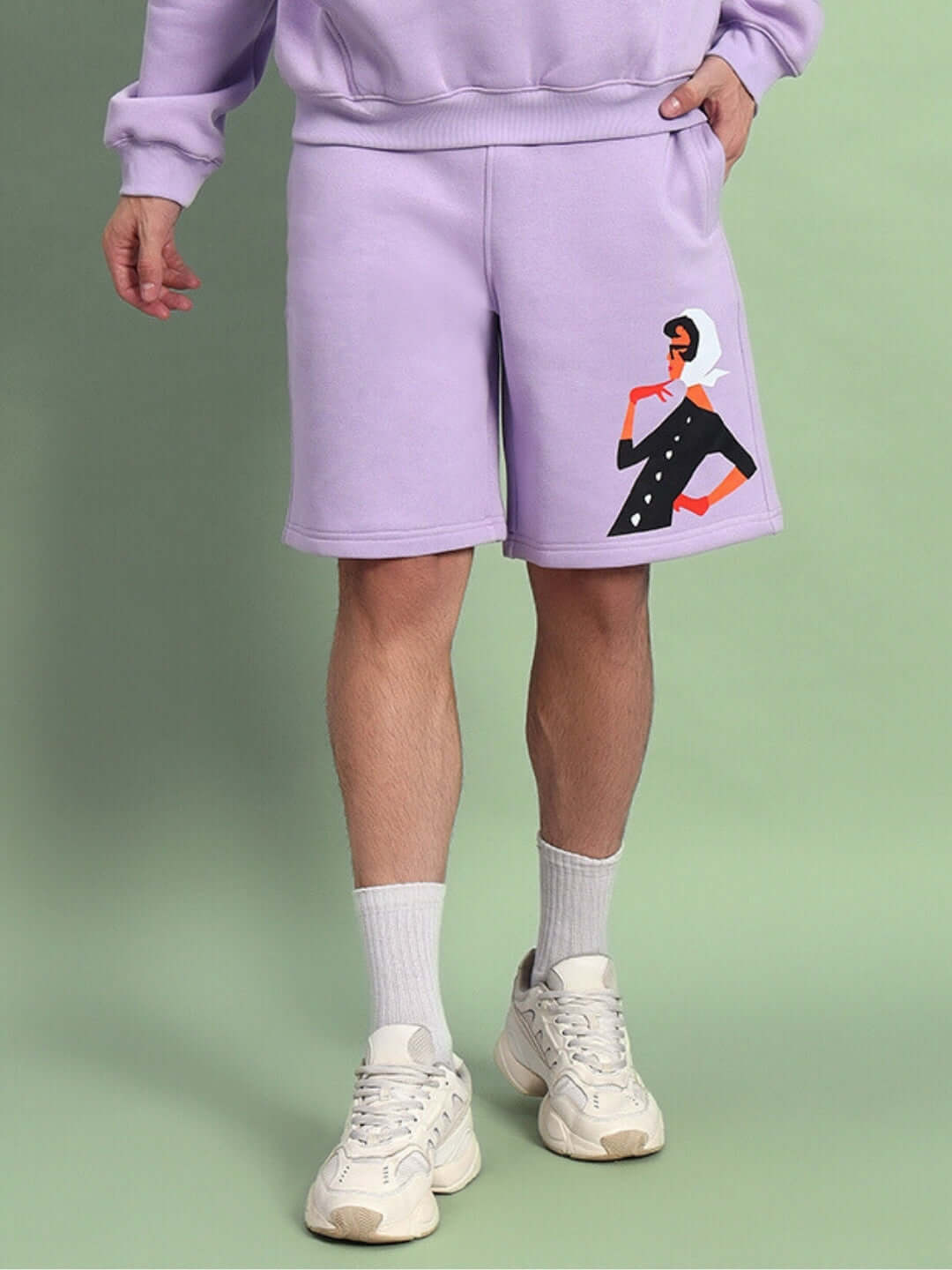 WEARDUDS RITZY FLEECE SHORTS LILAC worn by a person, featuring unique design and customizable fit options.