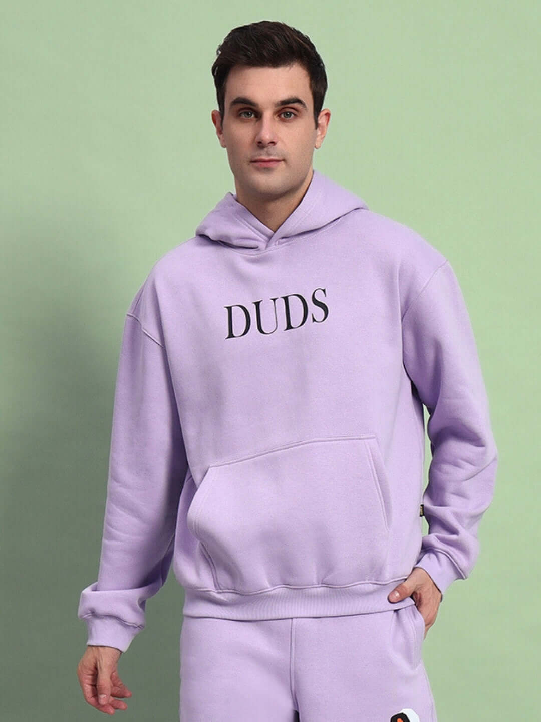 WEARDUDS RITZY FLEECE CO-ORD LILAC hoodie set displayed on a model, featuring cozy design and custom fit options.
