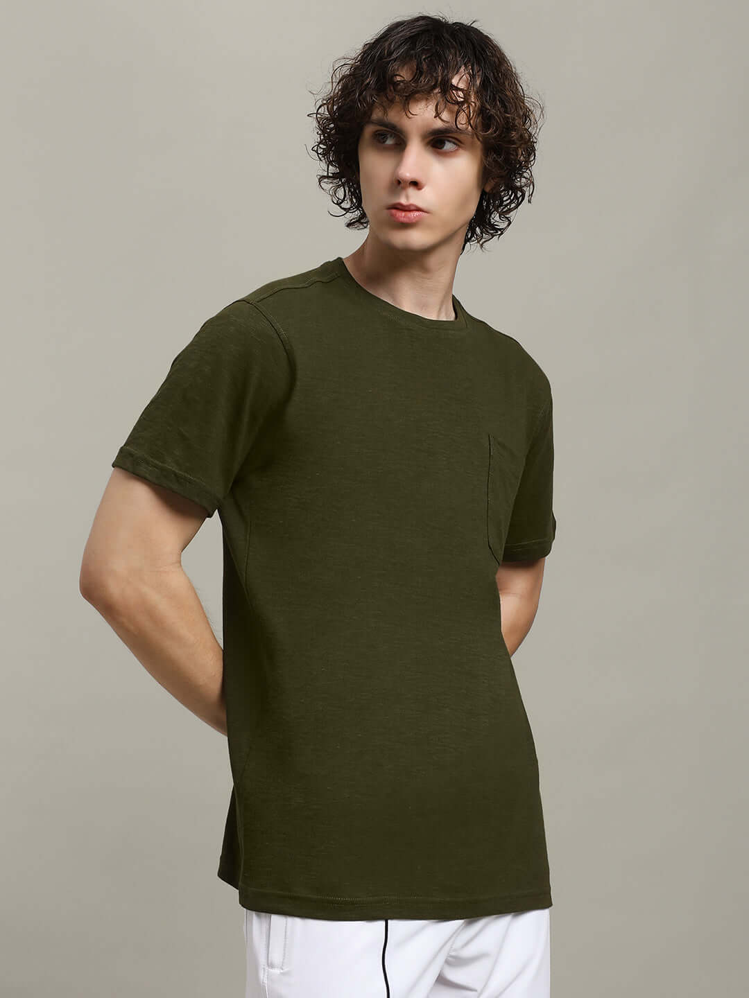Olive Robar Regular Fit T-Shirt in premium heavy cotton slub fabric, modeled by a person, showcasing casual style with short sleeves.