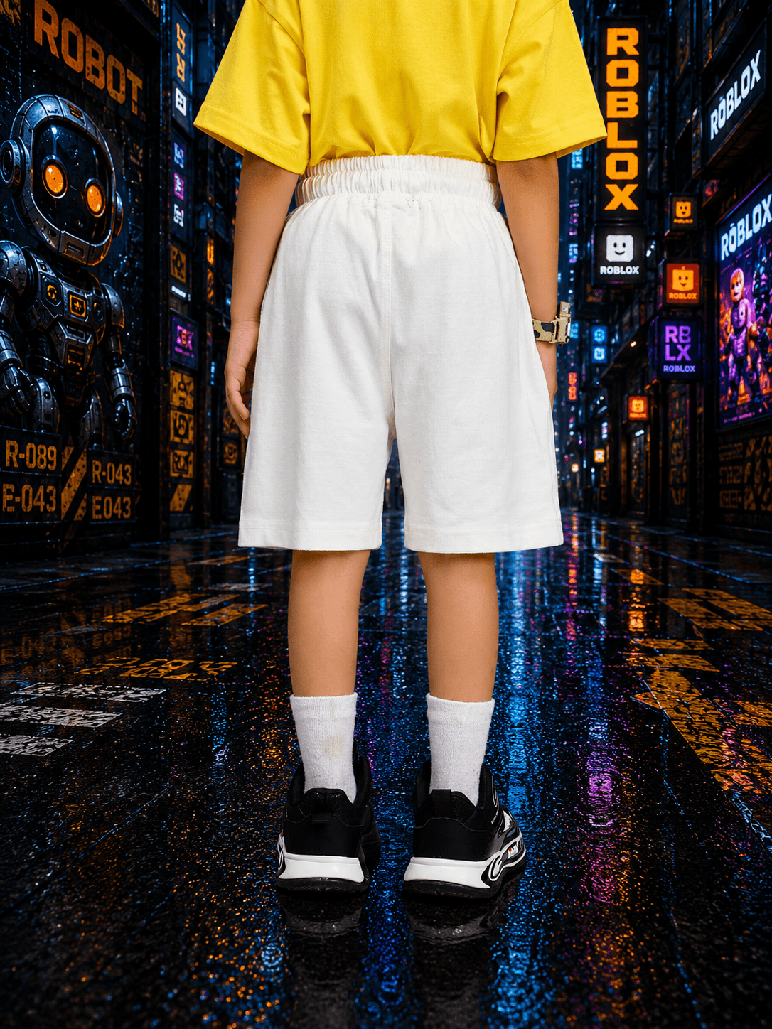 ROBLOX RUSH COOL SHORTS FOR BOYS GIRLS LIGHT WHITE showcased on a child in a stylish urban setting.