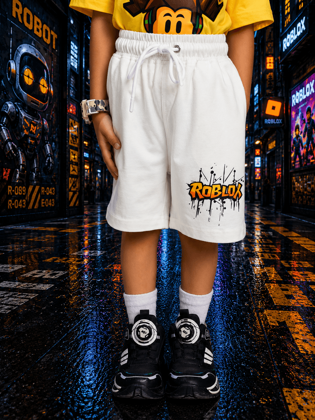 ROBLOX RUSH COOL SHORTS FOR BOYS GIRLS LIGHT WHITE worn by a child in stylish black sneakers and a yellow shirt.