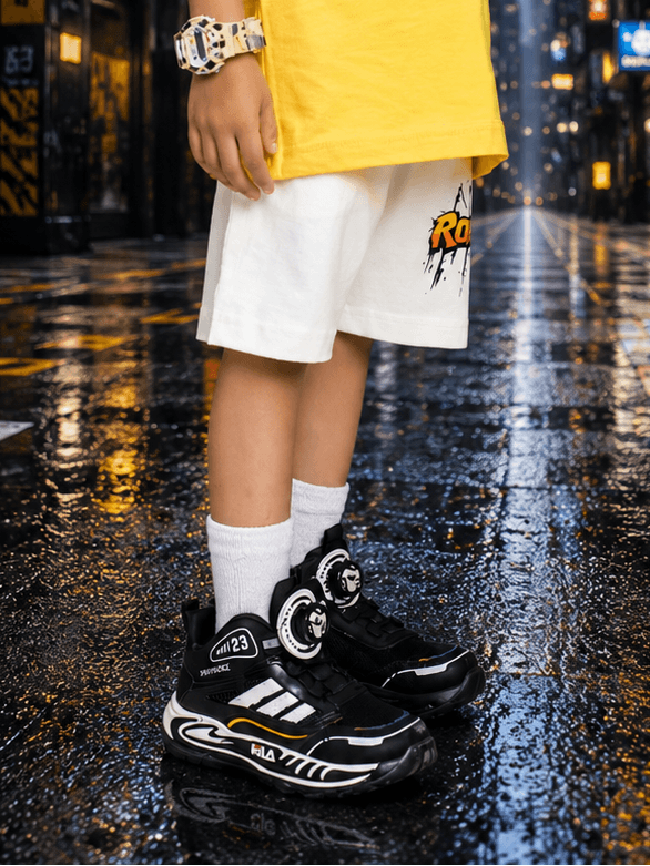 ROBLOX RUSH COOL SHORTS FOR BOYS GIRLS LIGHT WHITE worn with stylish black sneakers on rainy street.