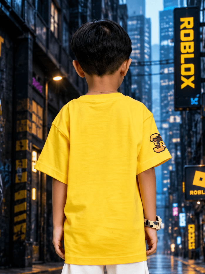ROBLOX RUSH T-SHIRT FOR BOYS GIRLS SKY YELLOW worn by a child from the back in a cityscape backdrop.
