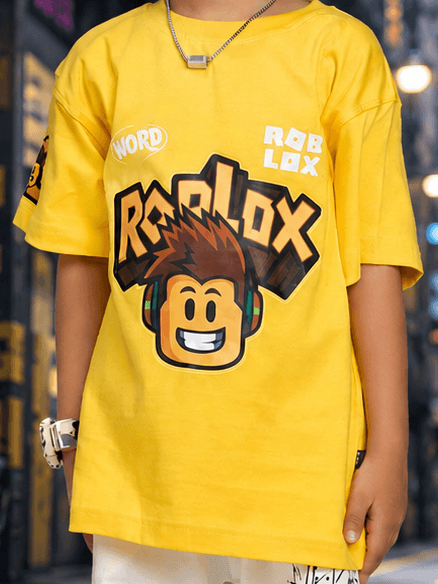 ROBLOX RUSH T-SHIRT FOR BOYS GIRLS SKY YELLOW featuring a fun Roblox graphic on a vibrant yellow background.