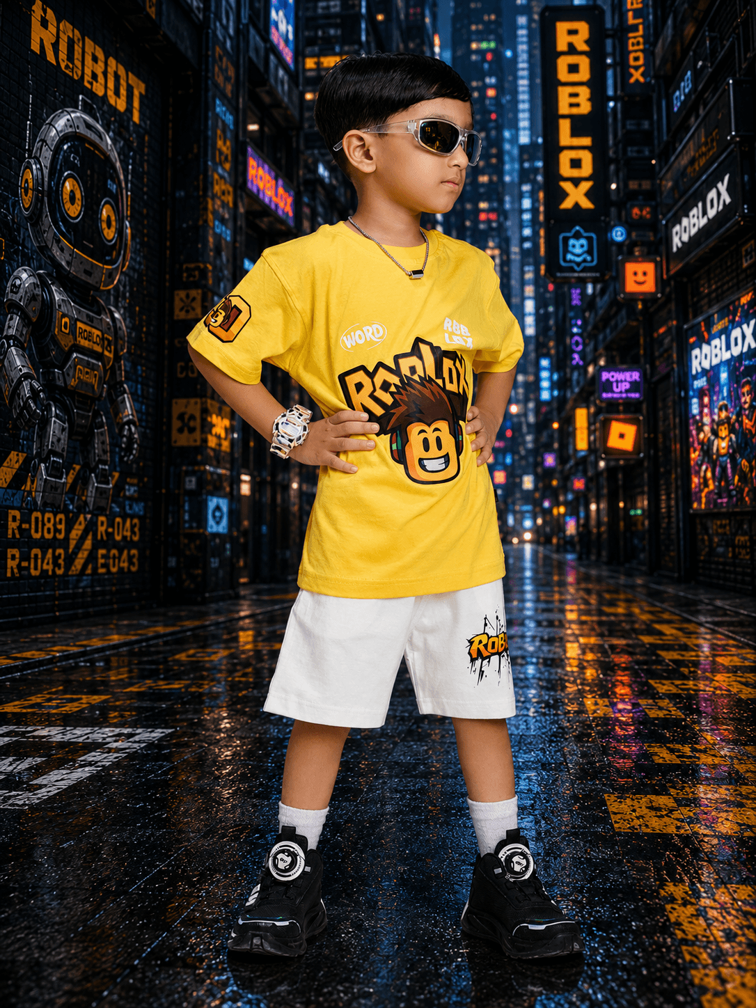 ROBLOX RUSH T-SHIRT FOR BOYS GIRLS SKY YELLOW worn by a stylish boy in a trendy urban setting.