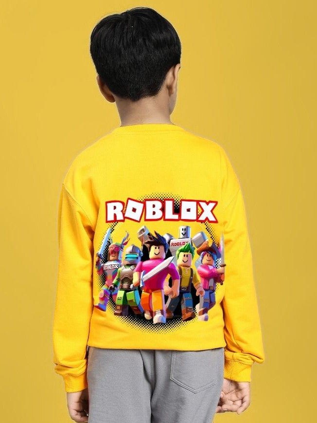Child wearing ROBLOX SWEATSHIRT FOR BOYS AND GIRLS YELLOW with colorful characters on the back, gaming fashion style.