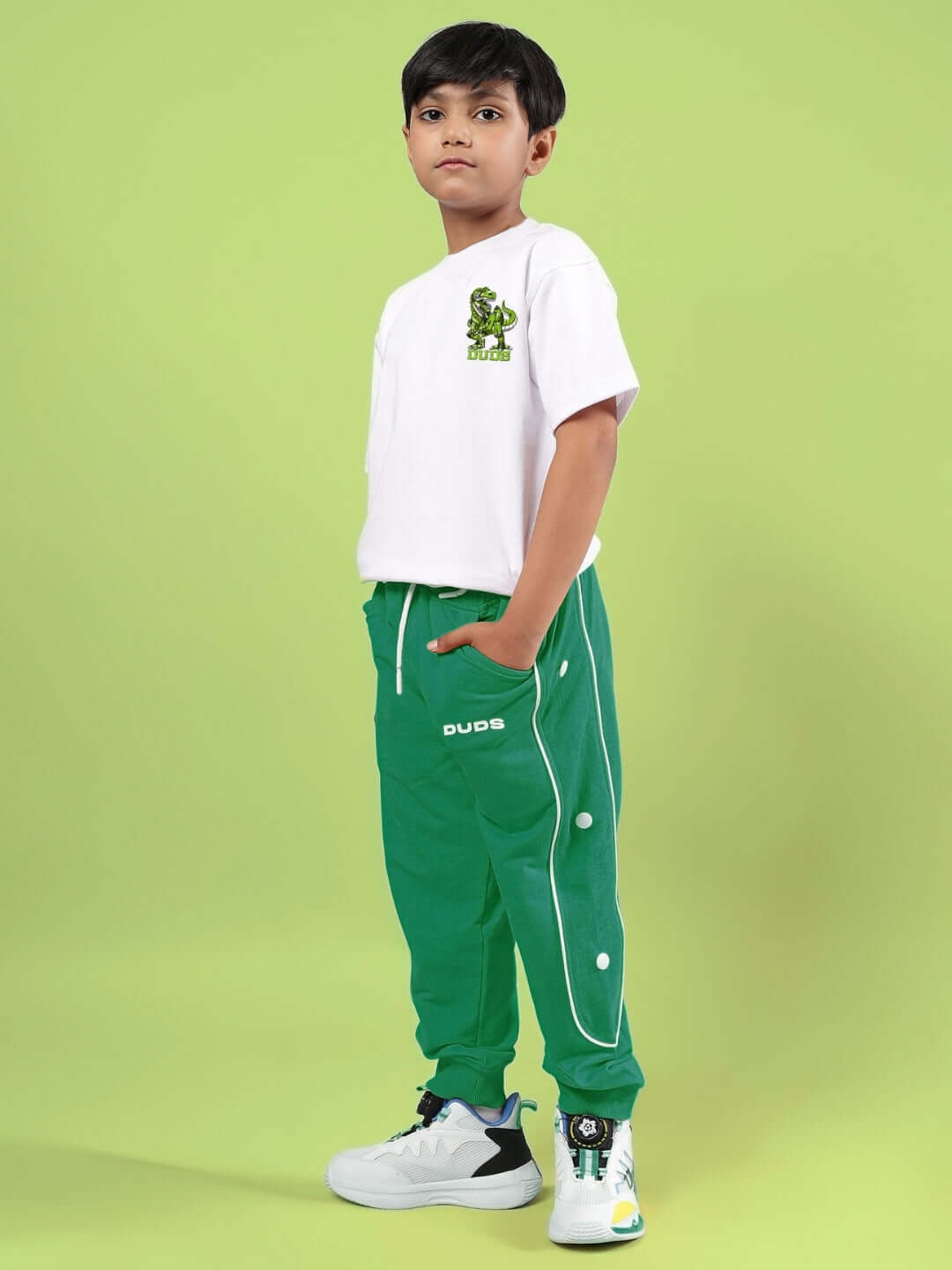 Child wearing ROBO REX CO-ORD FOR BOYS & GIRLS WHITE-GREEN outfit.
