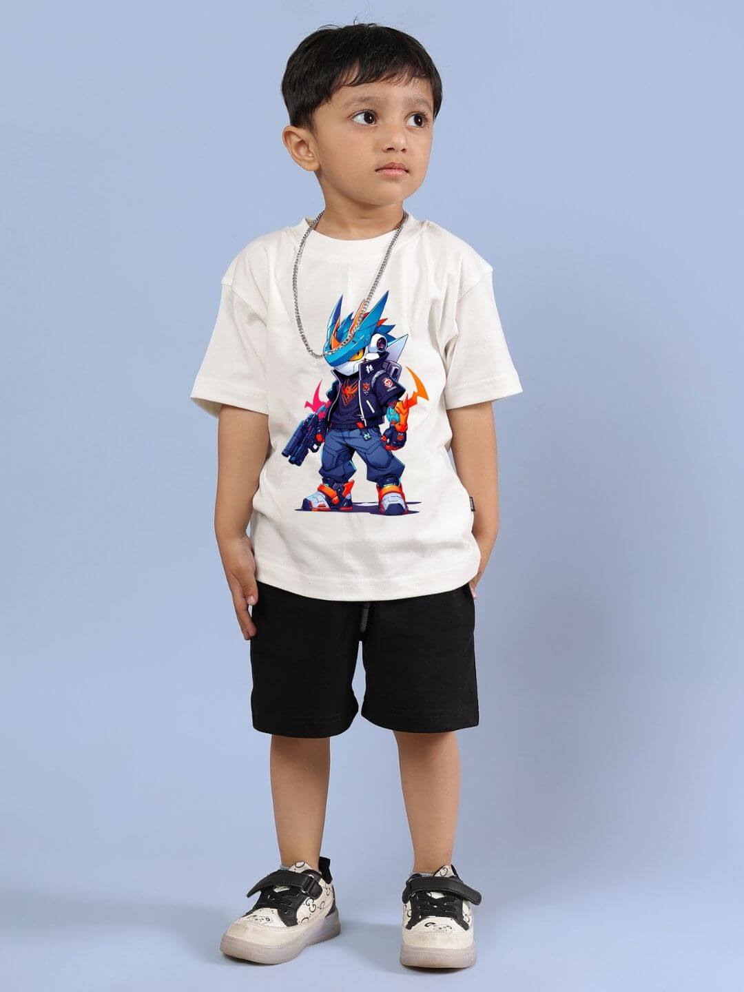 Child wearing off-white Robo Super T-shirt and black shorts co-ord set, ROBO SUPER CO-ORD FOR BOYS AND GIRLS OFF WHITE-BLACK