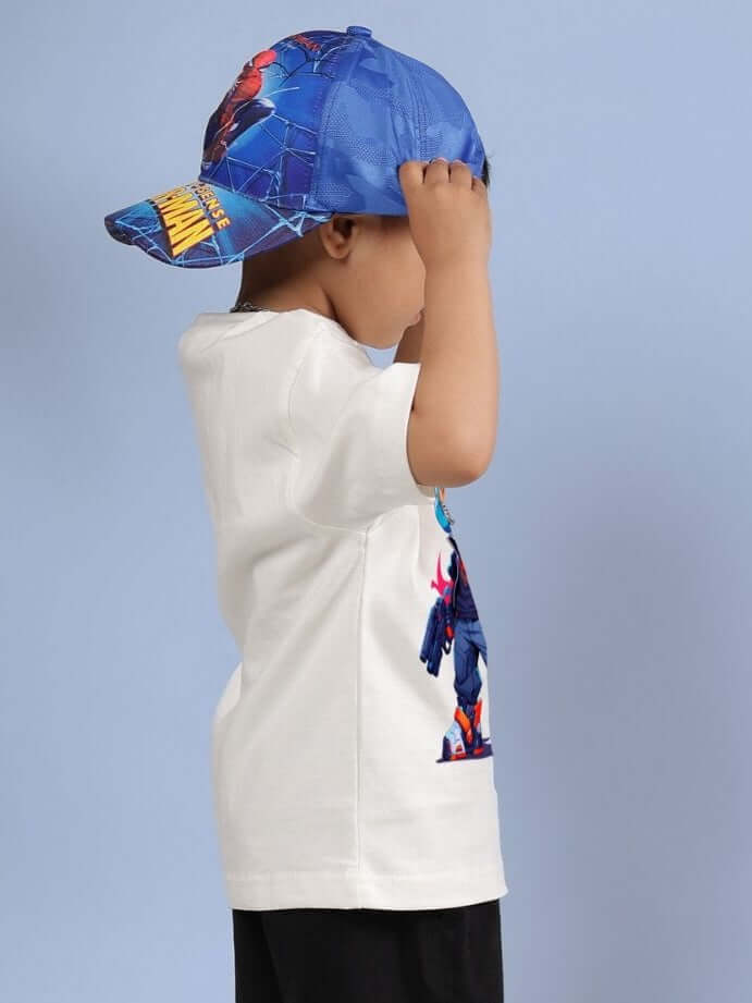 Child wearing Robo Super T-Shirt in off white with a vibrant graphic print, side view, paired with a blue superhero cap, ROBO SUPER T-SHIRT FOR BOYS AND GIRLS OFF WHITE
