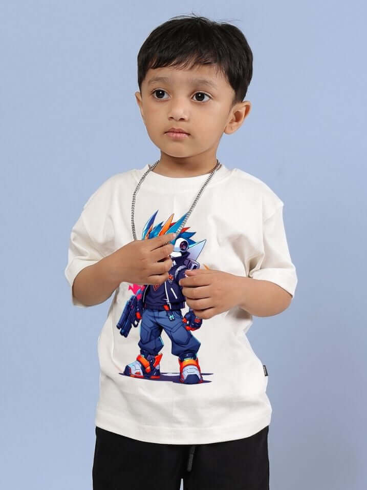 Child wearing off-white Robo Super T-Shirt with colorful graphic print, designed for boys and girls, made from soft cotton fabric, ROBO SUPER T-SHIRT FOR BOYS AND GIRLS OFF WHITE