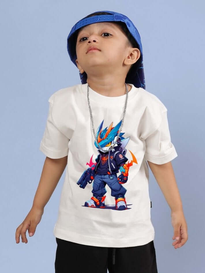 Child wearing off-white Robo Super T-Shirt with bold graphic print, featuring trendy and playful design for boys and girls, ROBO SUPER T-SHIRT FOR BOYS AND GIRLS OFF WHITE