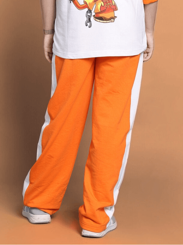 White-orange jogger pants for boys and girls by DUDS, featuring a casual style, made to order with customization options.