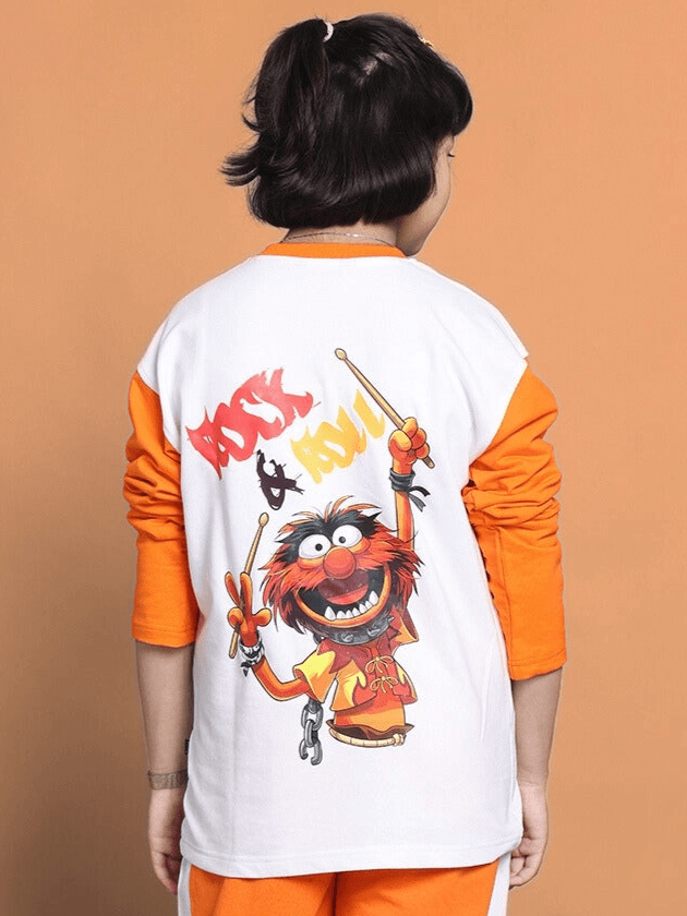 Child wearing a white and orange Rock & Roll oversized sweatshirt, featuring a vibrant graphic on the back, made from 100% cotton.