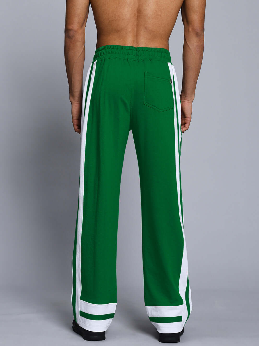 Back view of RONNY side stripe jogger in green and white, showcasing stylish design and tailored fit.