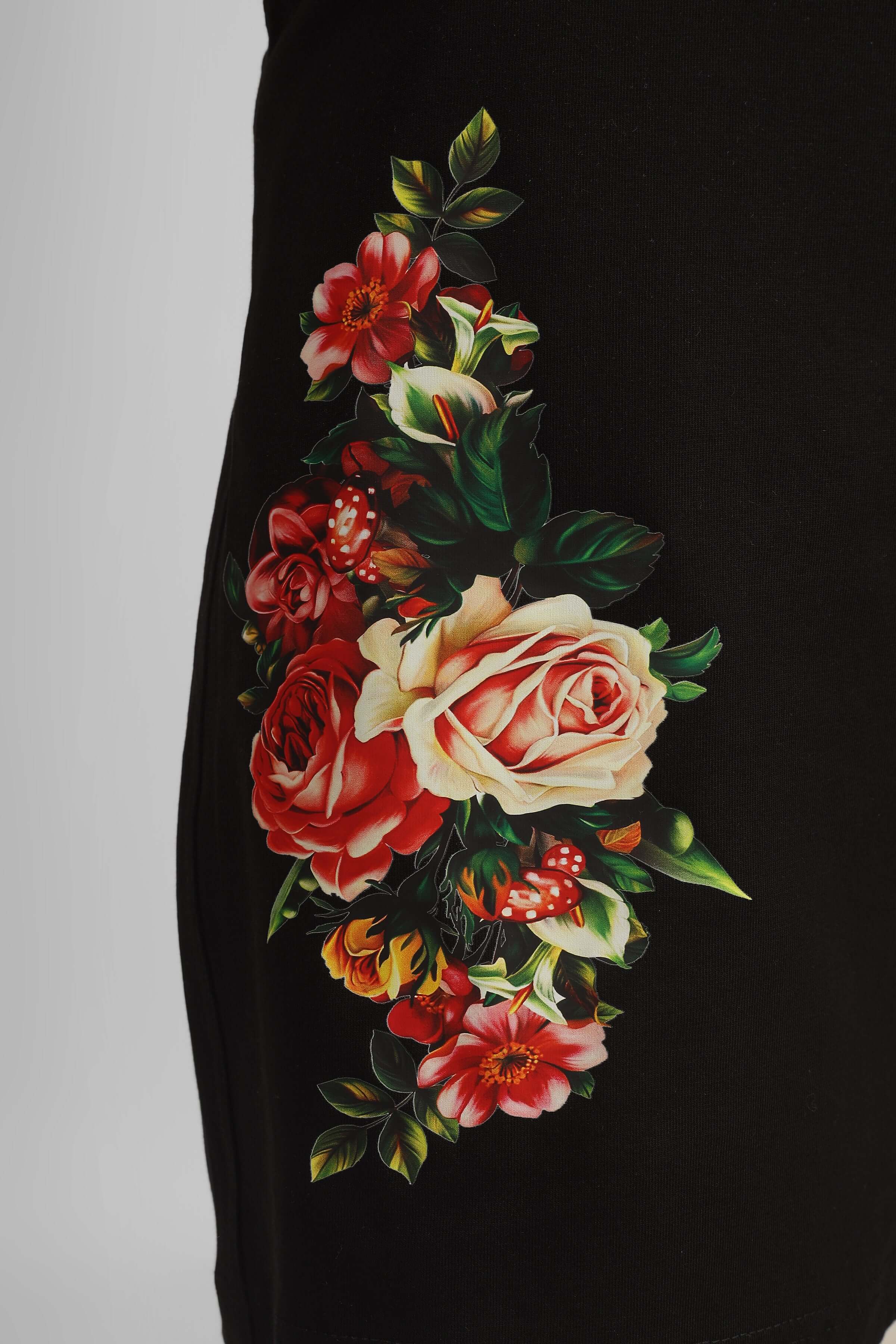 Floral rose print on black Rose Regular Fit Shorts by DUDS, featuring customizable size options for a perfect fit.