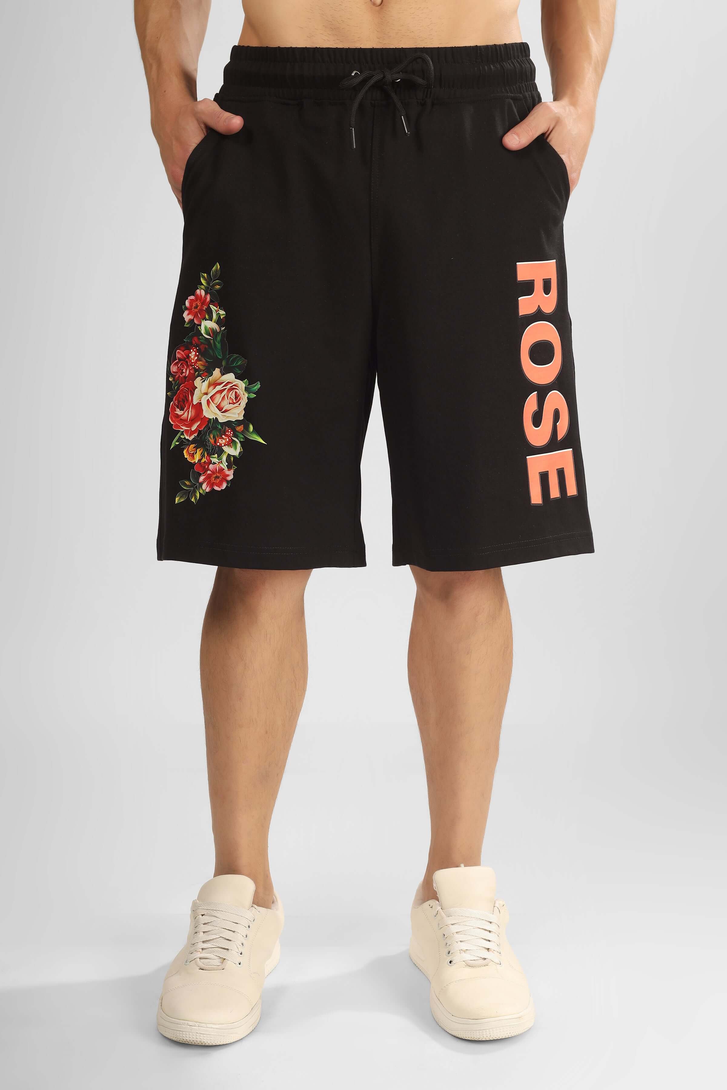 Black Rose Regular Fit Shorts with floral embroidery and bold lettering, custom fit available.