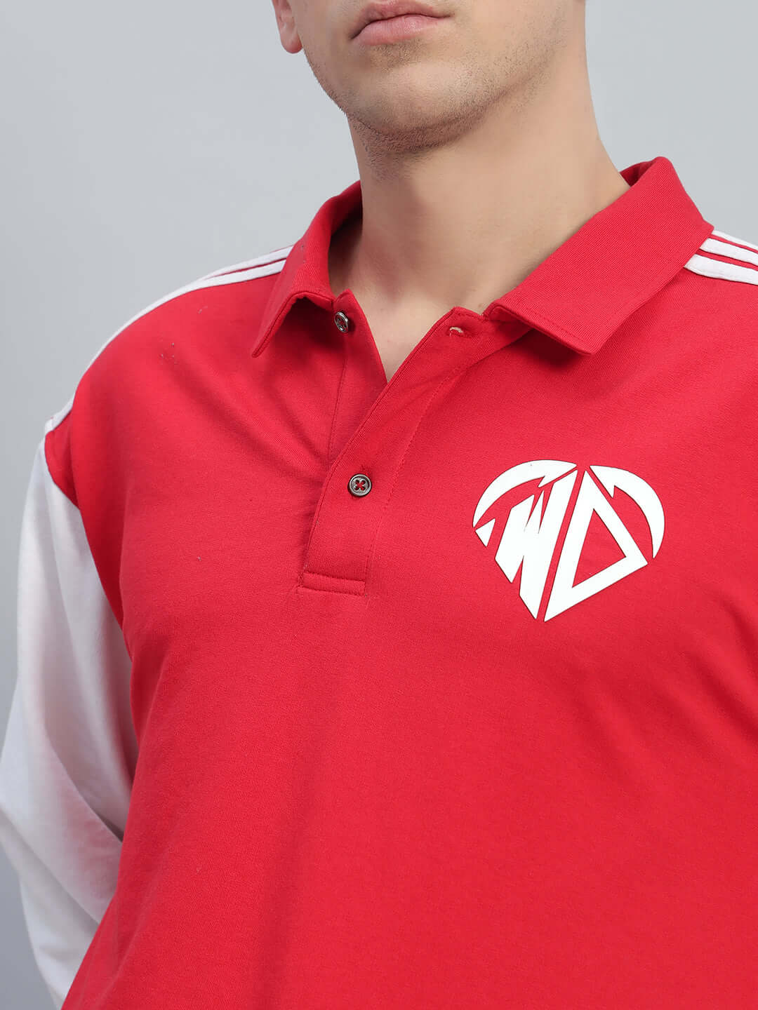 Red-white Rowan oversized sweatshirt with button collar, featuring premium cotton French Terry material, displayed on male model.