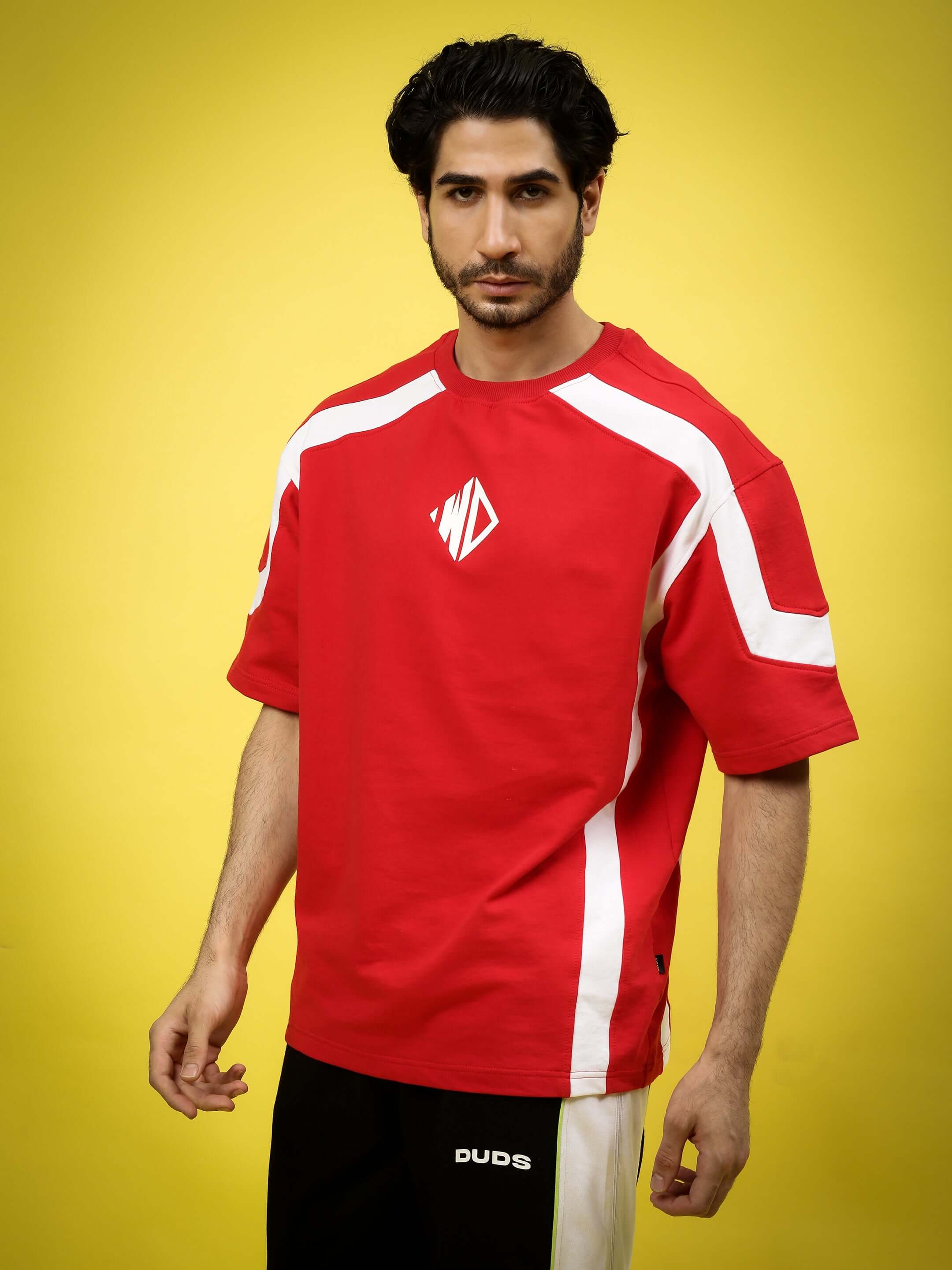 Red and white rugby over-sized t-shirt made from premium cotton French terry, featuring a bold design. Perfect for casual wear.