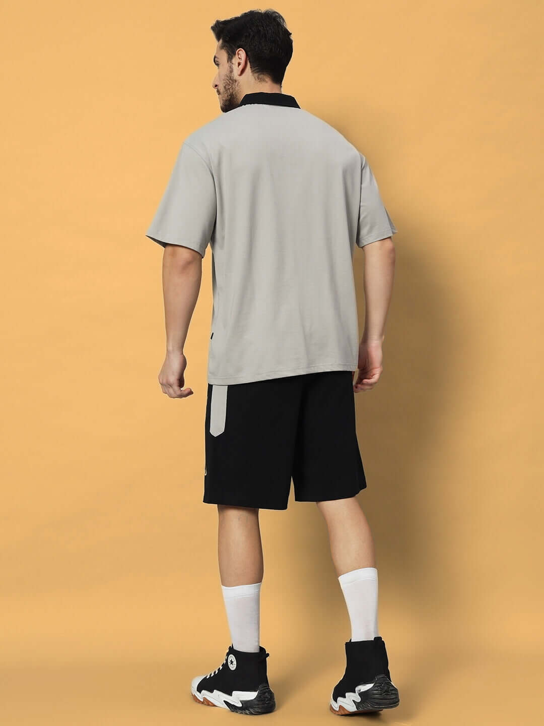 Rear view of grey-black Rules King Co-ord Set in French Terry Lycra and Elastane, showcasing style and comfort. Ideal for casual outings.