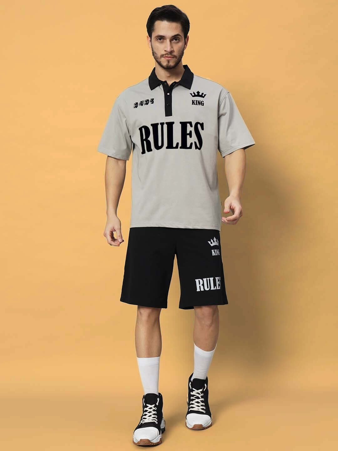 RULES KING grey-black co-ord set made of premium cotton French Terry Lycra, modeled against a neutral background. Ideal for casual wear.