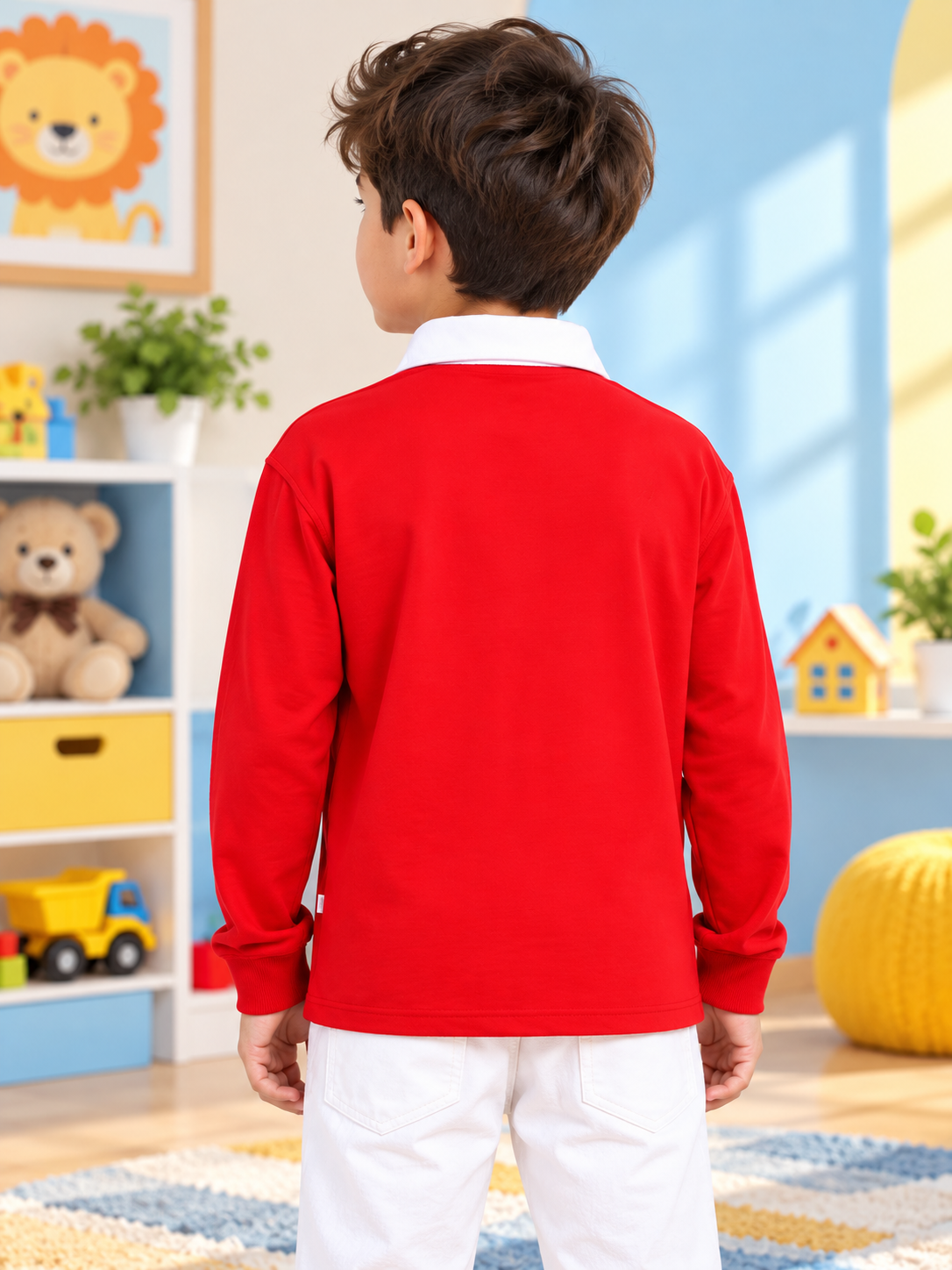 SAGOL POLO OVERSIZED SWEATSHIRT BOYS AND GIRLS RED worn by boy in playroom, back view showing long sleeve fit