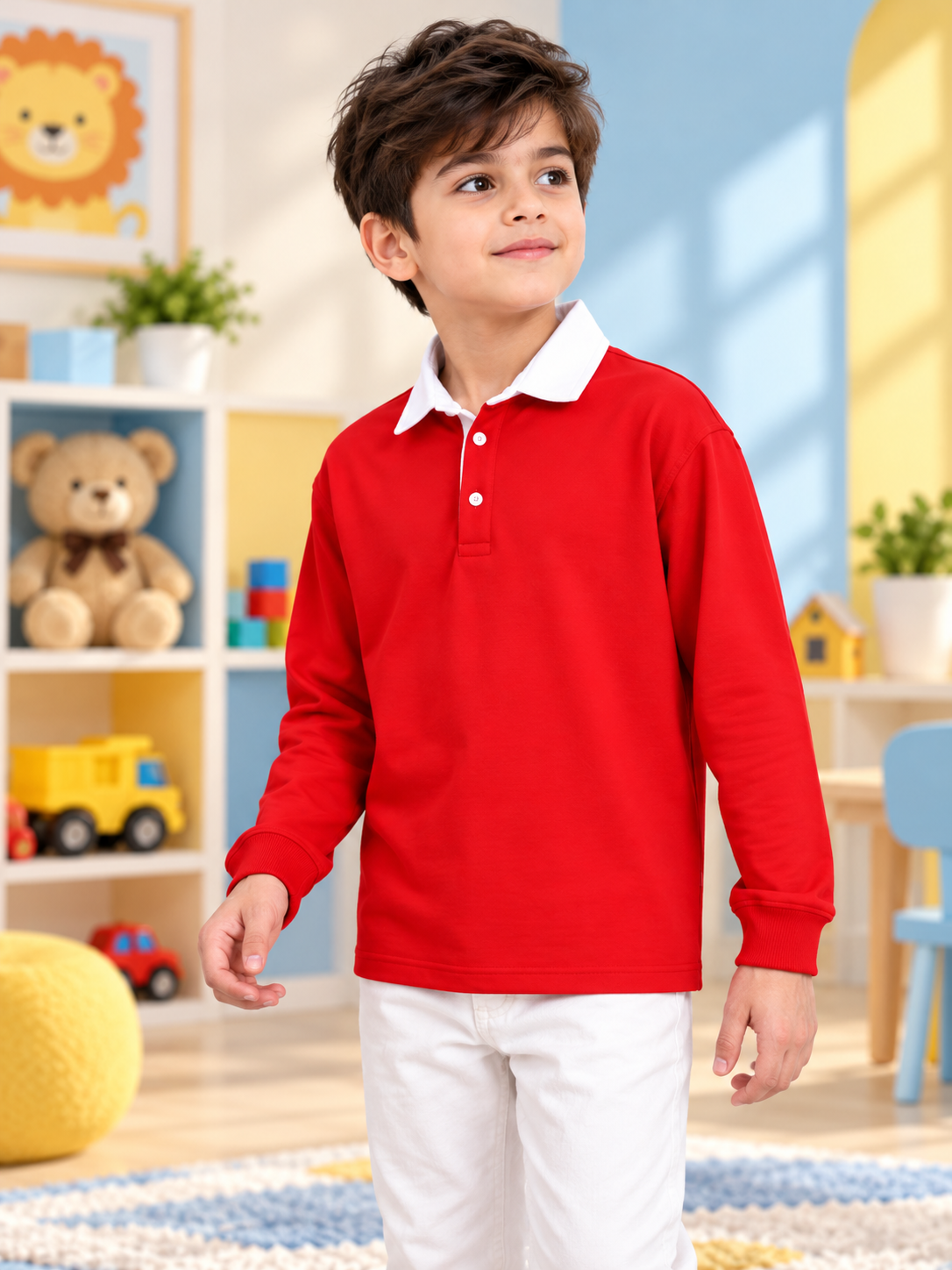 SAGOL POLO OVERSIZED SWEATSHIRT BOYS AND GIRLS RED worn by a smiling boy in a playful kids room setting