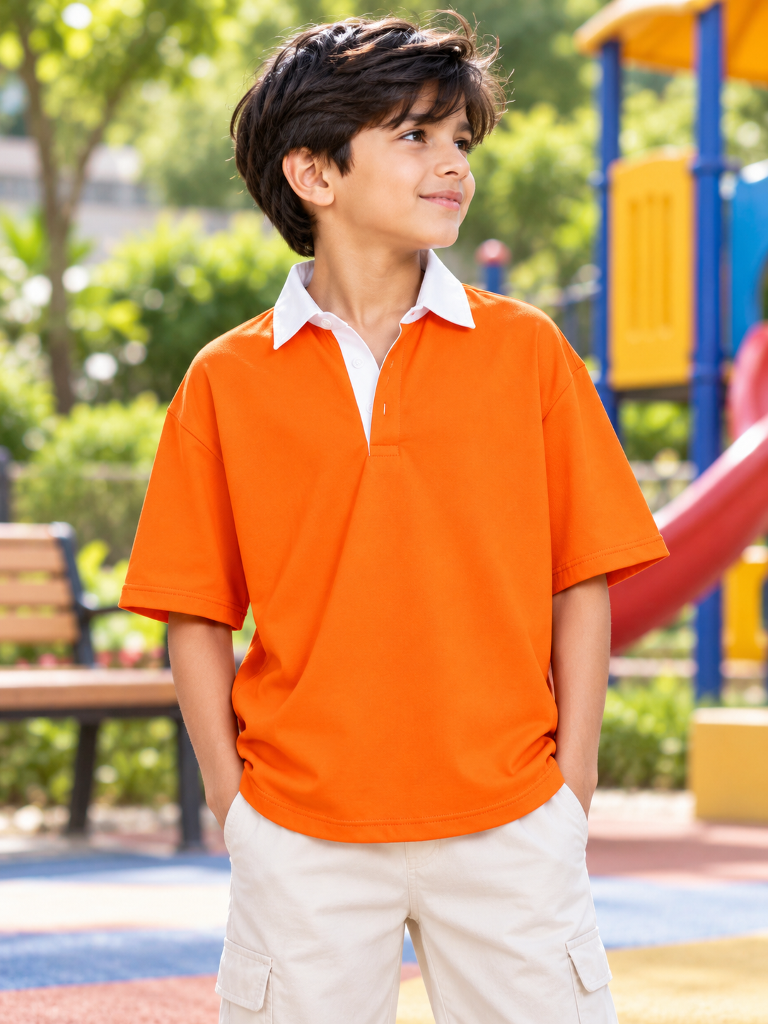 SAGOL POLO OVERSIZED T-SHIRT KIDS ORANGE worn by boy at playground