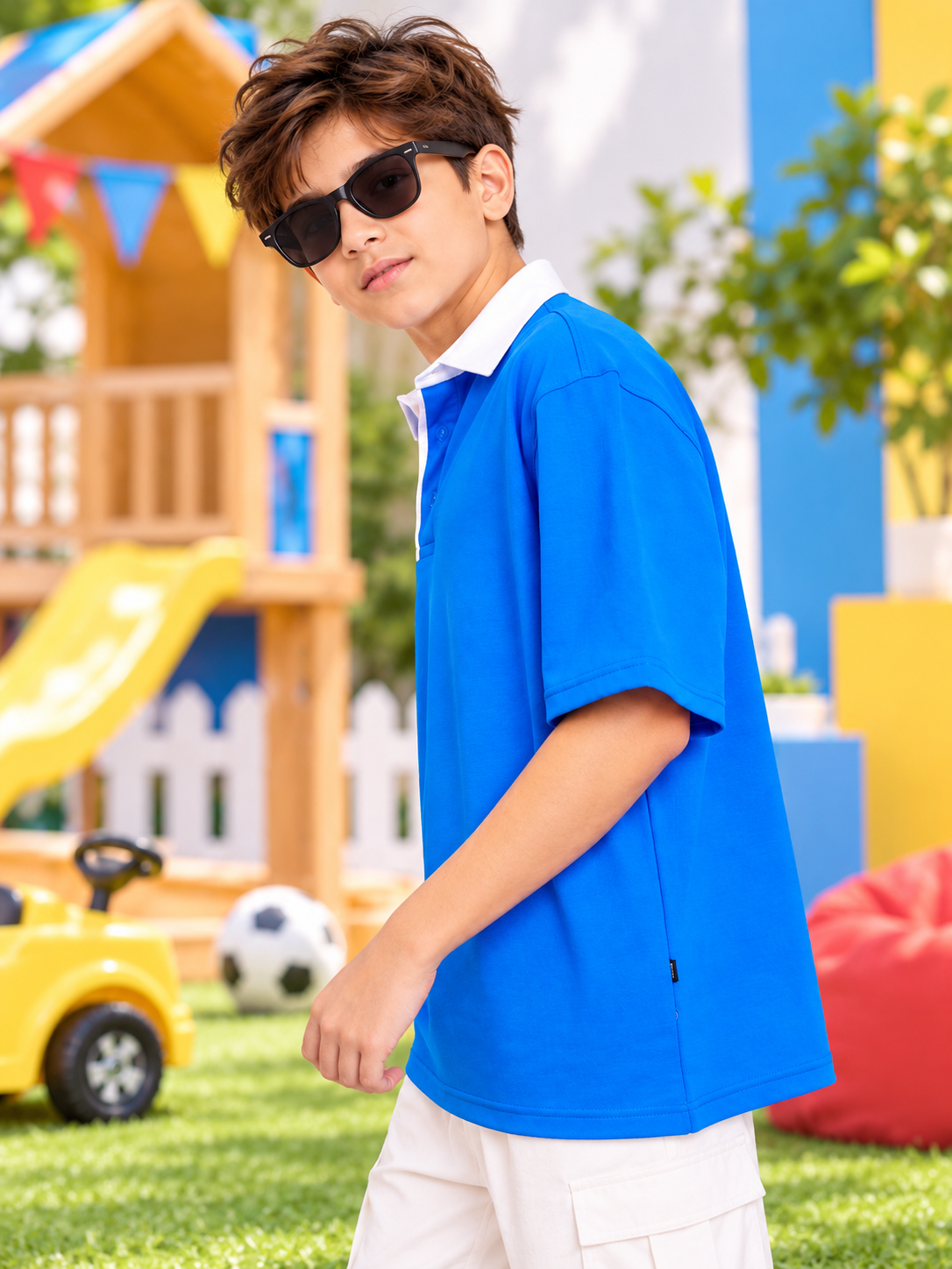 SAGOL POLO OVERSIZED T-SHIRT KIDS ROYAL BLUE worn by boy outdoors in playground setting