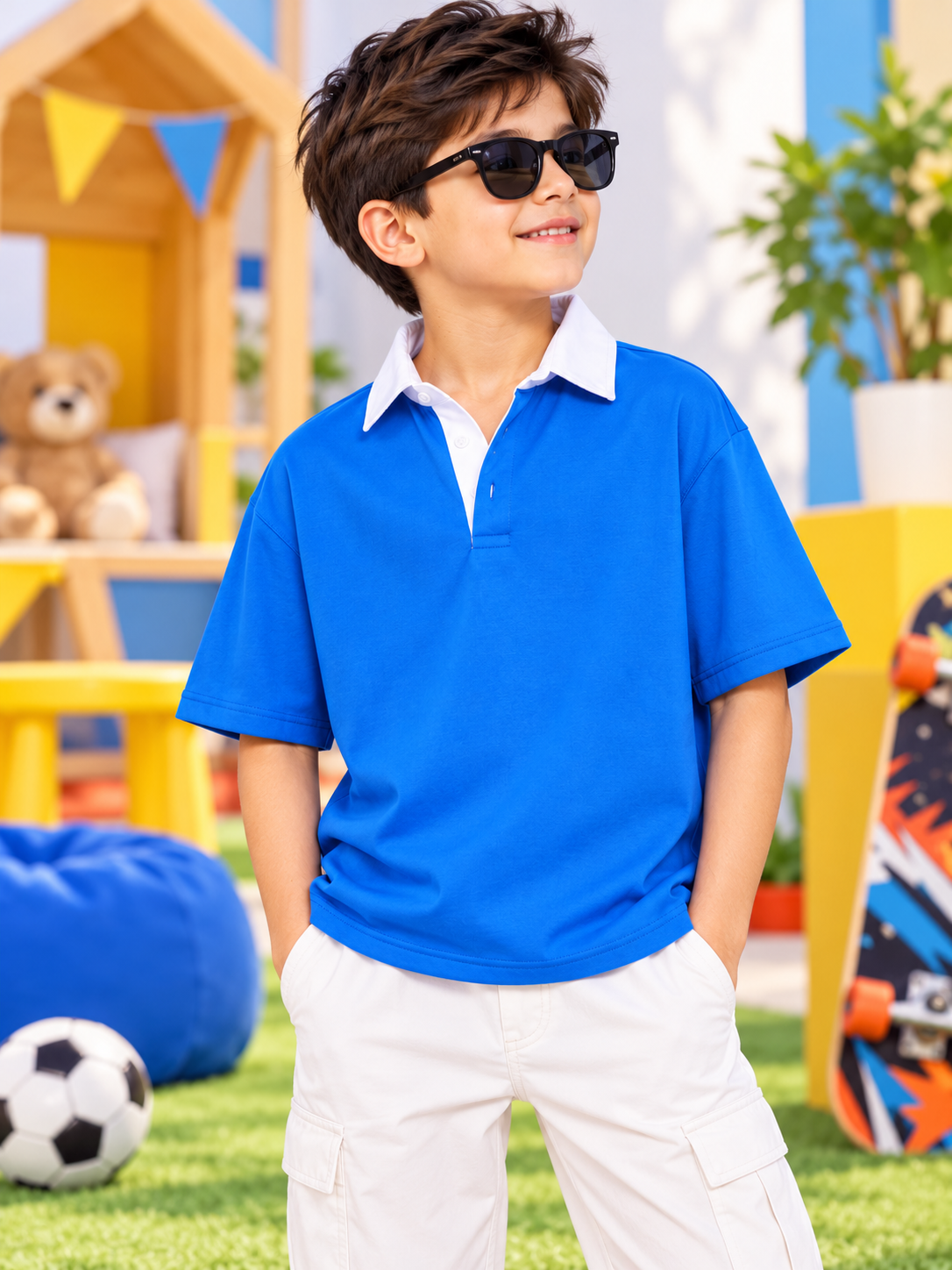 SAGOL POLO OVERSIZED T-SHIRT KIDS ROYAL BLUE worn by stylish boy in sunglasses for casual comfort