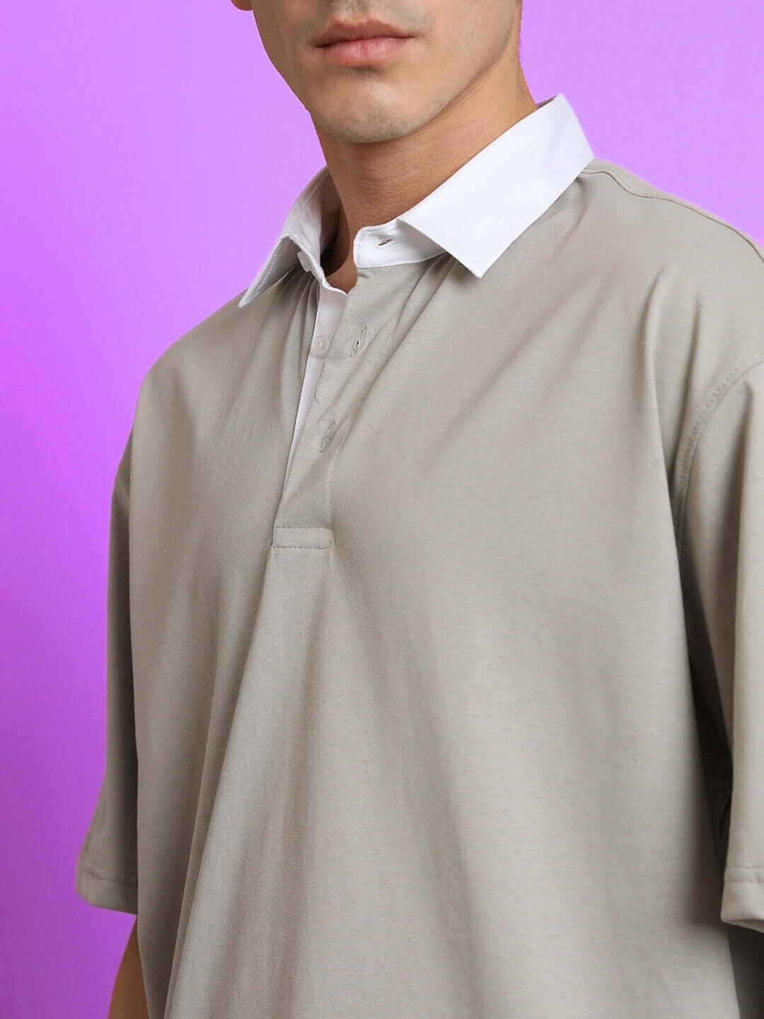 SAGOL Polo Oversized T-Shirt in Grained Grey, half sleeves, 100% cotton, shown on model, comfortable all-day wear.