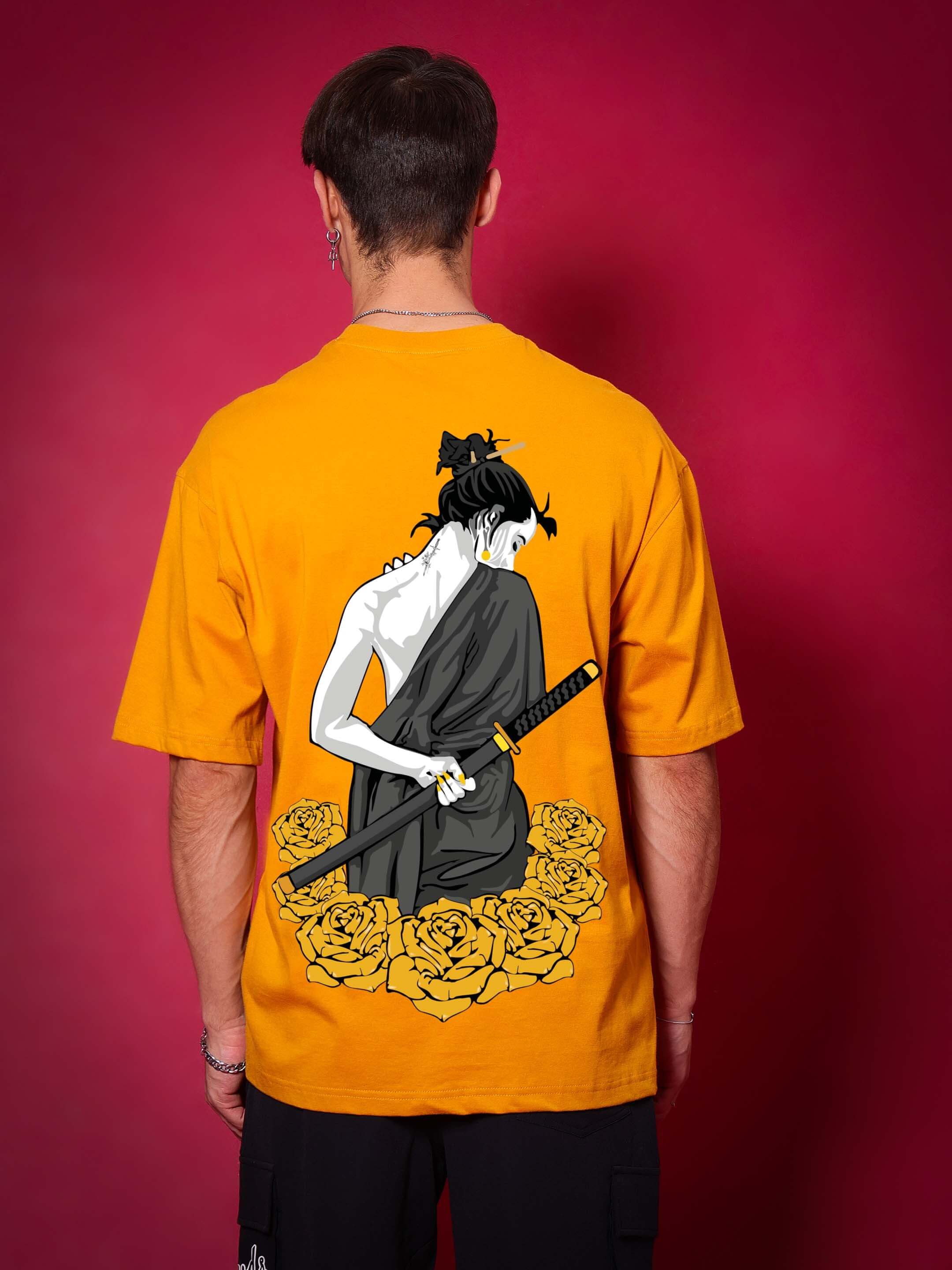 Back view of mustard Sakura Blossom oversized t-shirt featuring a samurai and rose design.