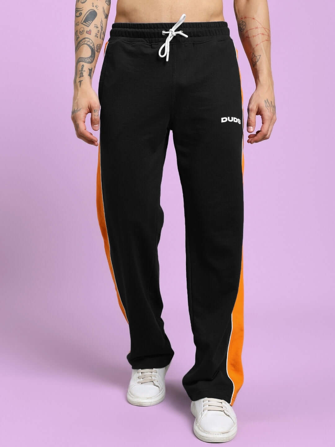 Black Sanford Stripe Joggers by DUDS, featuring orange stripes, displayed with a casual fit for comfort and style.