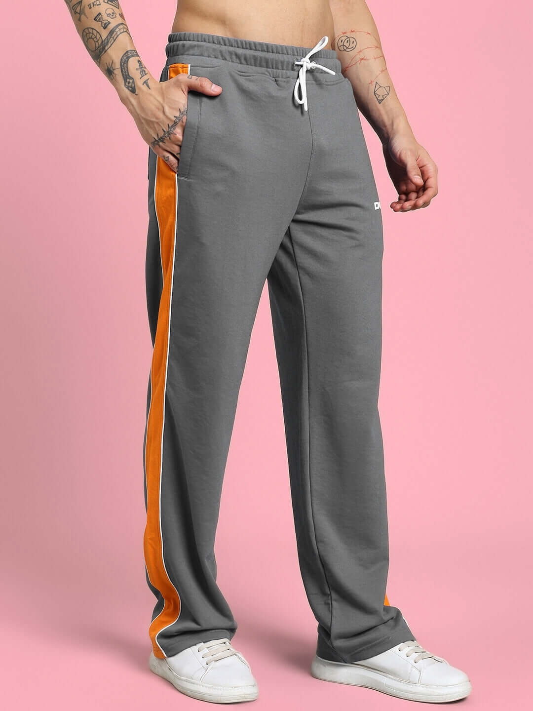 Grey Sanford Stripe Joggers by DUDS with orange stripe detail and drawstring waist, perfect for custom fit and style.