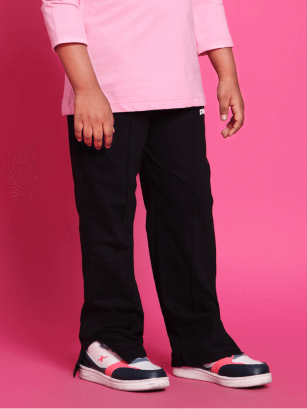 Alt Tag: Black scooter jogger pants for boys and girls, showcased against a pink background, perfect for casual wear and customizable sizing.