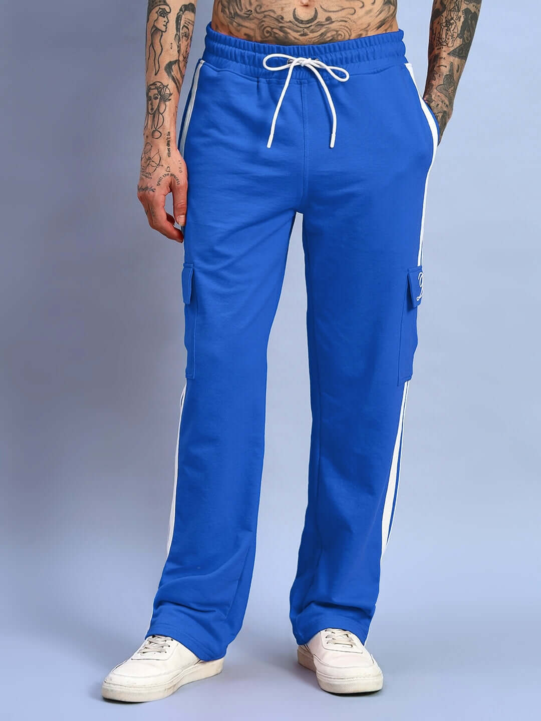 Royal blue joggers with white side stripes, custom fit option, crafted by DUDS tailors, 7-10 day shipping.