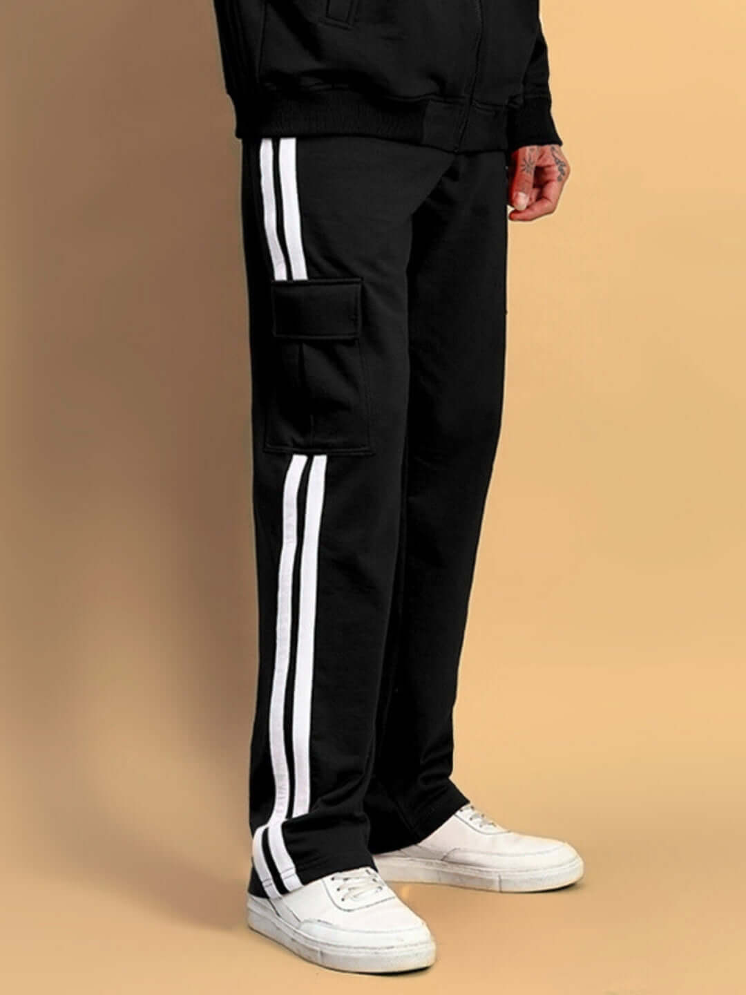 SCOTIA STRIPE JOGGERS (BLACK) with white stripes, casual wear, available for custom fit, tailored by DUDS.