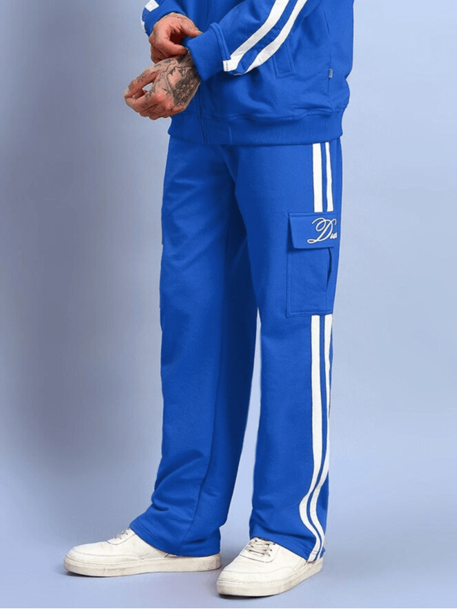 Royal Blue Scotia Stripe Joggers by DUDS, featuring white stripes, made-to-order with custom fit available for prepaid orders, side view.