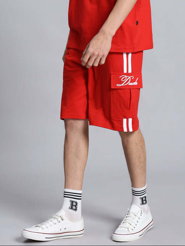 SCOTIA REGULAR FIT COTTON SHORTS RED worn by model, customizable size with Custom Fit option available, handmade with dedication