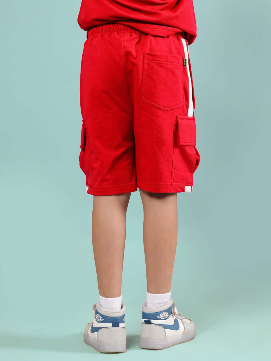 Red SCOTIA SHORTS FOR BOYS & GIRLS, showcasing back view, perfect fit for kids, available with custom size options.