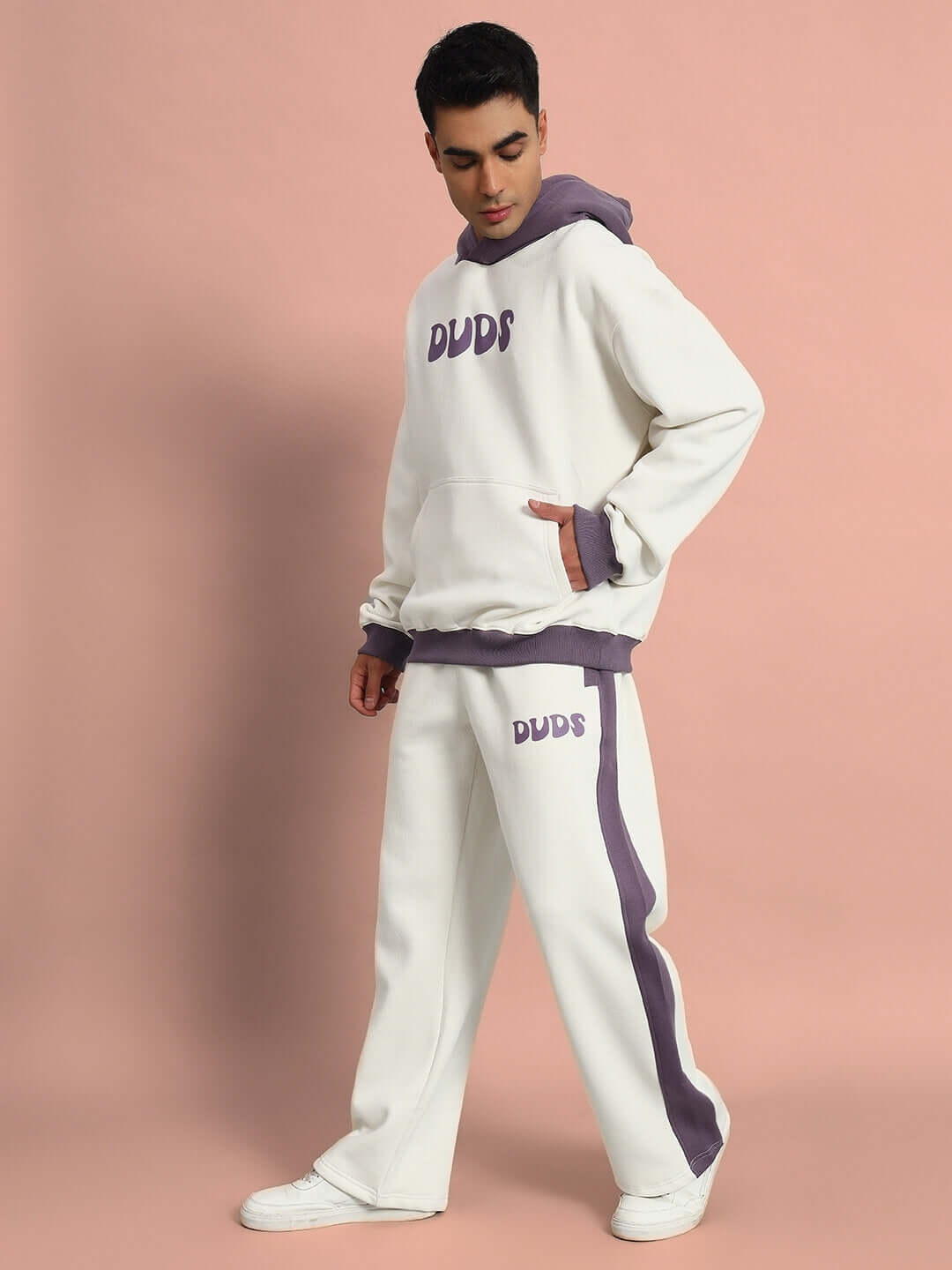 SELF LOVE FLEECE CO-ORD WHITE VIOLET with hooded sweatshirt and joggers, showcasing comfort and streetwear style.