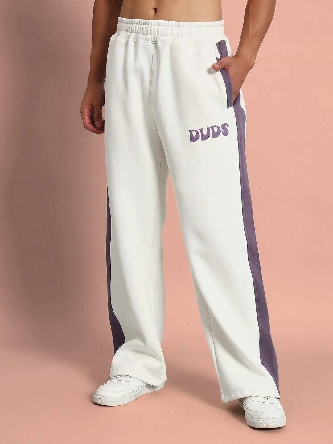 SELF LOVE FLEECE PANT WHITE VIOLET featuring relaxed fit, elastic waistband, ribbed hems, and side pockets with uplifting graphic design.