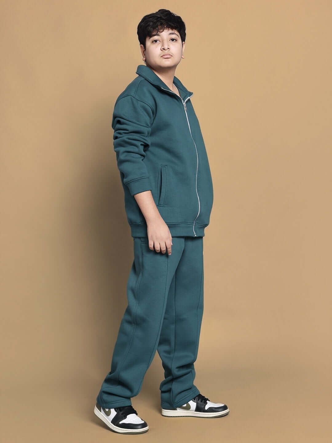 Teal green shaggy co-ord set for boys and girls, showcasing stylish and comfortable design by DUDS with custom fit options.