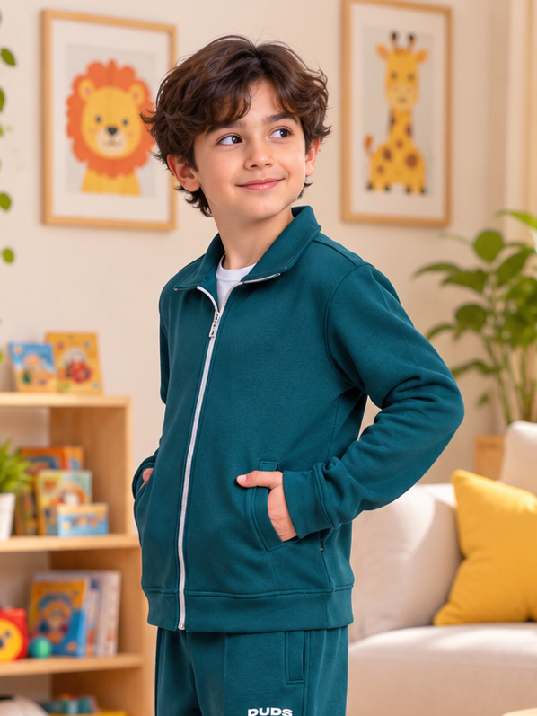 SHAGGY FLEECE JACKET FOR BOYS & GIRLS TEAL GREEN - Wearduds, view 2
